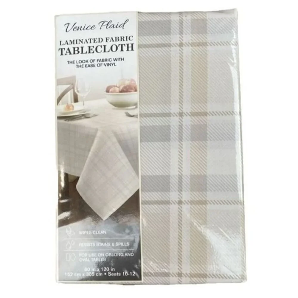 Venice Plaid Laminated Fabric Tablecloth Beige Wipes Clean Resists Stain 60x120